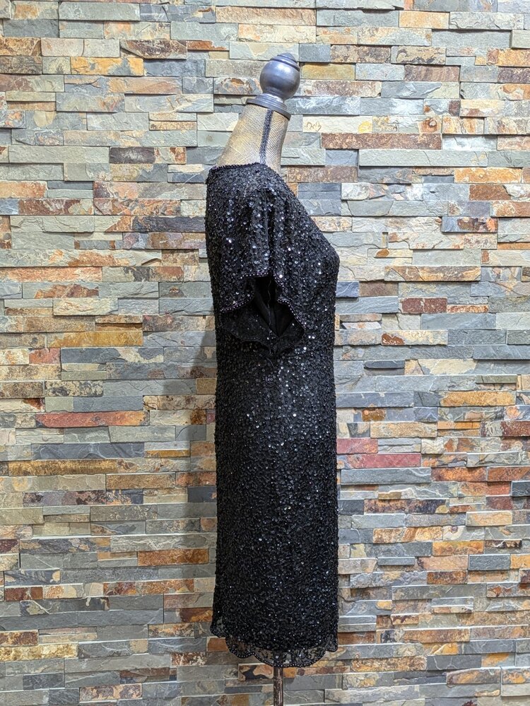 Adrianna Papell Black Sequin Beaded Illusion Dress, Size 8