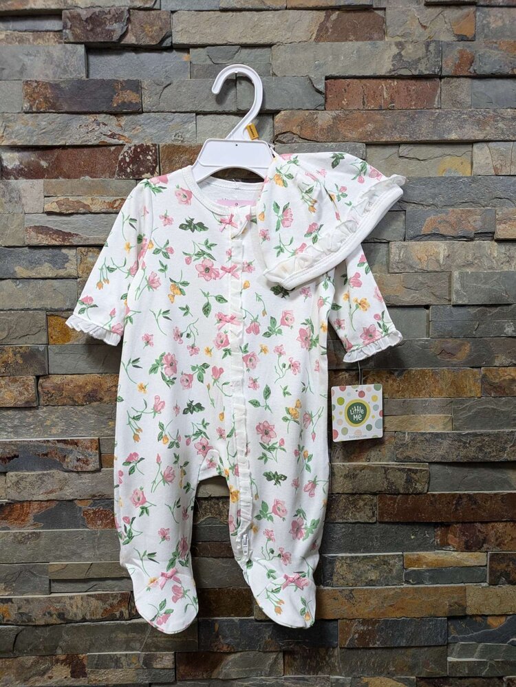 White Floral Footie with Hat