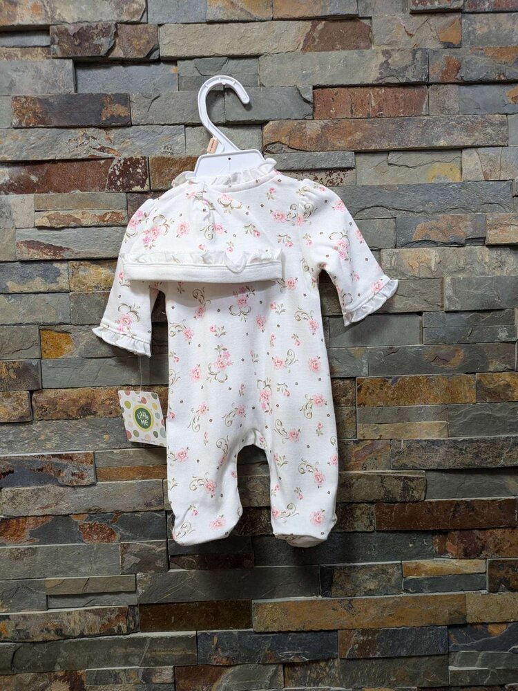 Ivory Ruffle Footie and Hat with Pink Floral Print