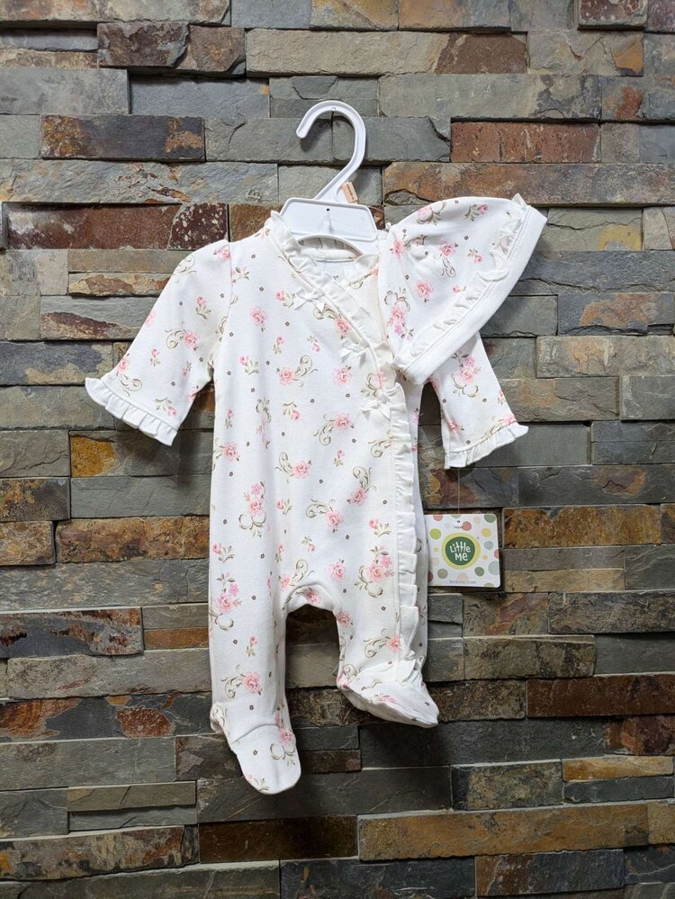 Ivory Ruffle Footie and Hat with Pink Floral Print