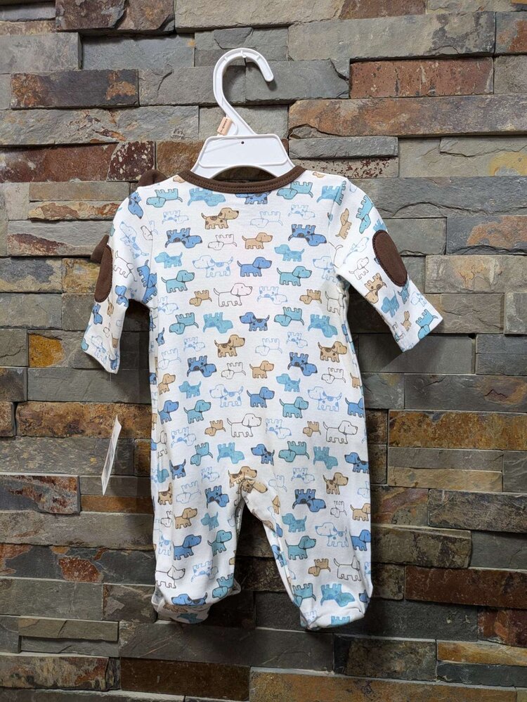 White Footie with Blue and Brown Puppy Print and Hat