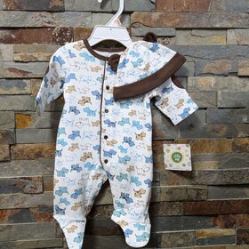 White Footie with Blue and Brown Puppy Print and Hat