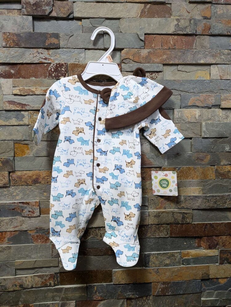 White Footie with Blue and Brown Puppy Print and Hat