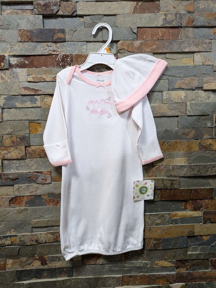 White with Pink Polka Dot Gown and Hat, Size 0-3M