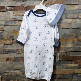 White with Puppy Print Gown and Hat, Size 0-3M