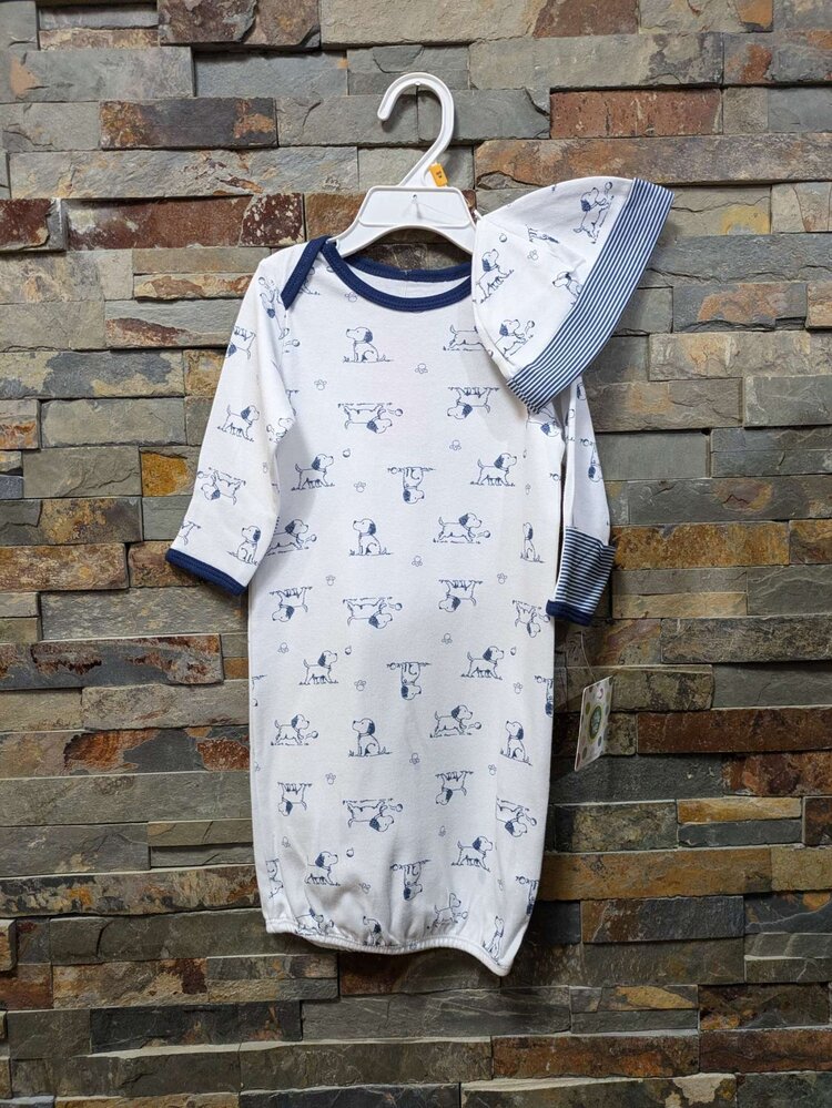 White with Puppy Print Gown and Hat, Size 0-3M