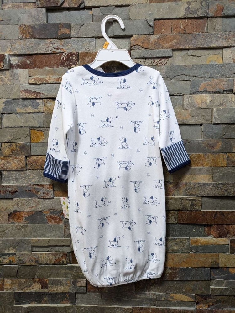 White with Puppy Print Gown and Hat, Size 0-3M