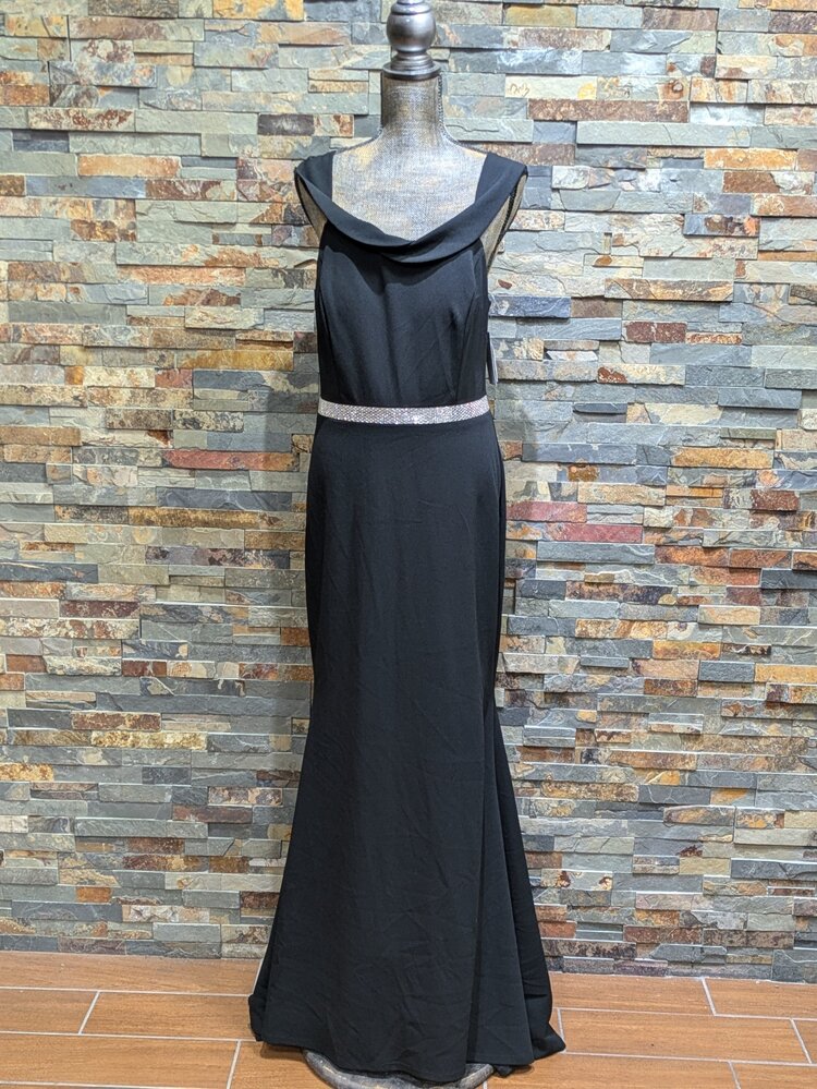 Crystal Doll Black Off the Shoulder Rhinestone Waist Gown, Size 15/16