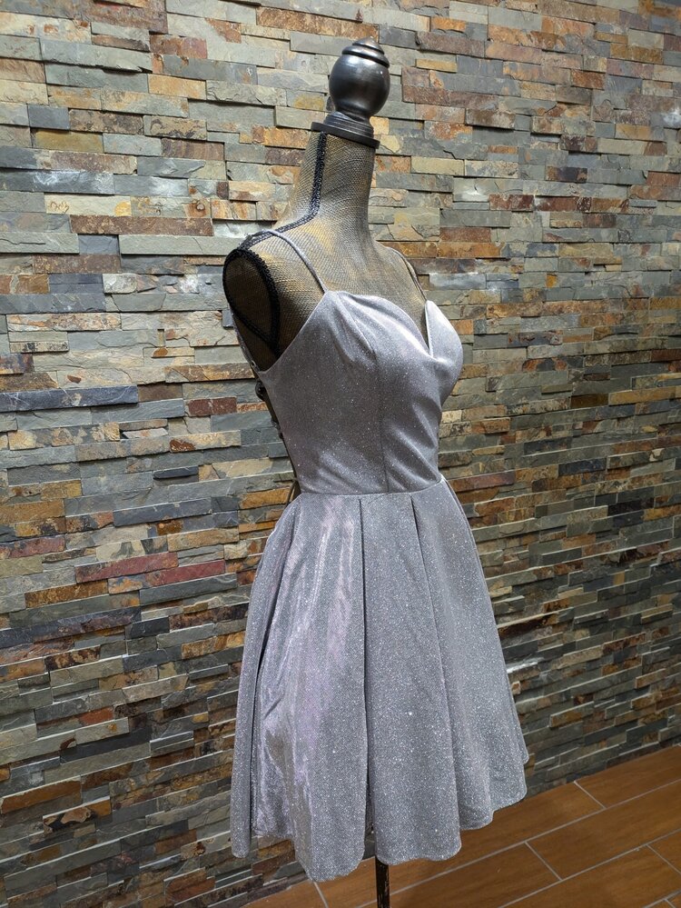 B Darlin Silver Sparkle Fit n' Flare w/ Corset Back, Size 15/16