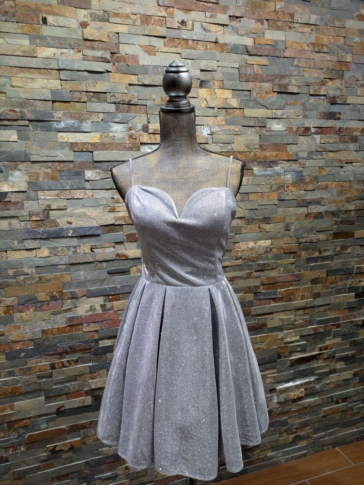 B Darlin Silver Sparkle Fit n' Flare w/ Corset Back, Size 15/16