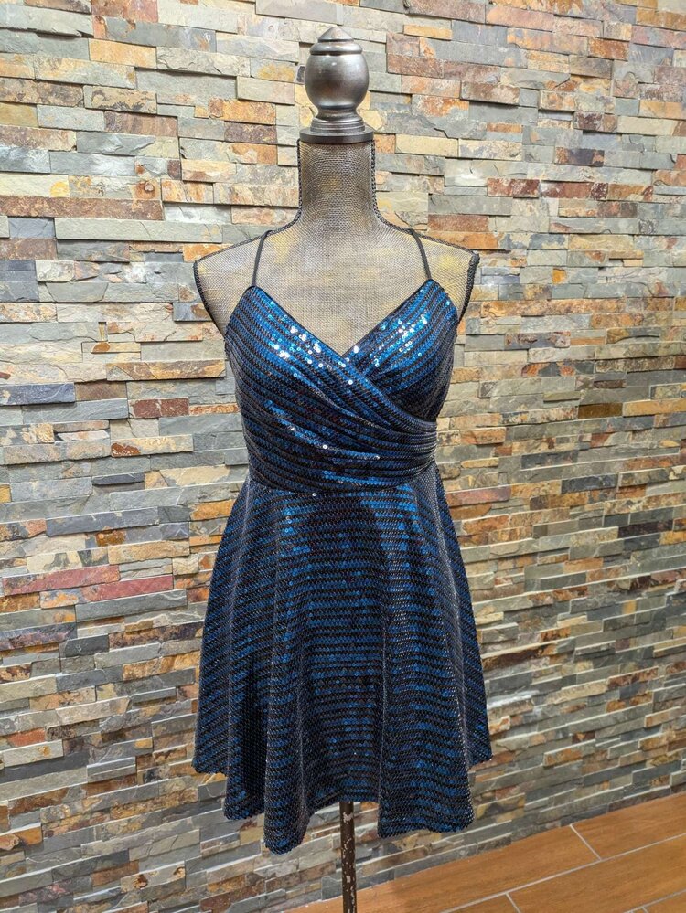 City Studio Blue And Black Striped-Sequin Dress