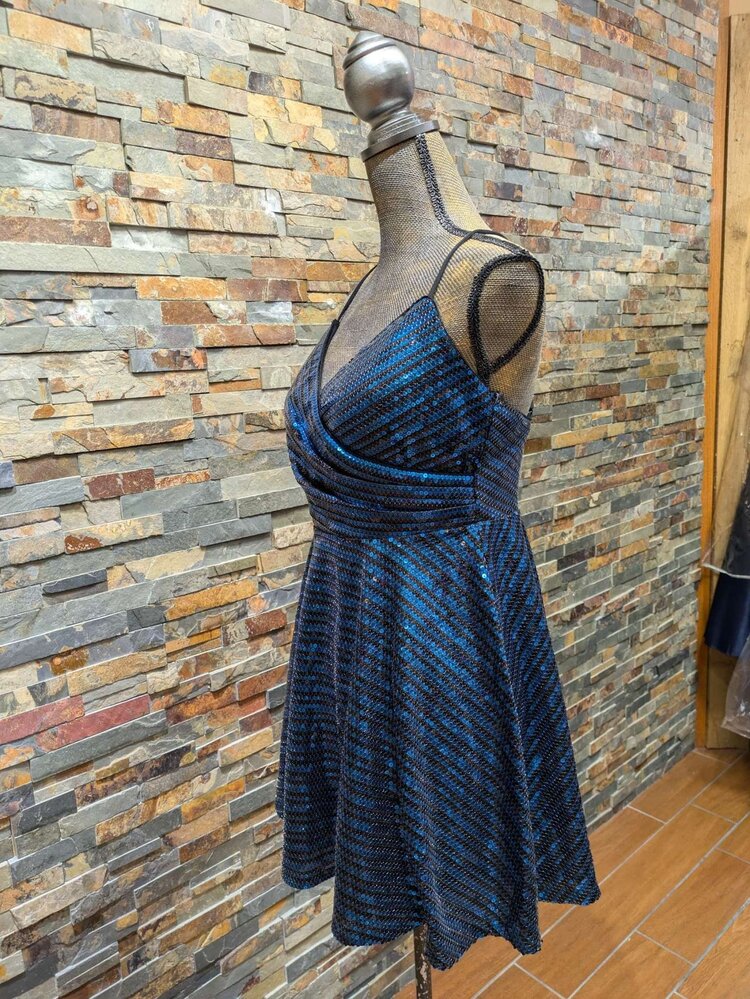 City Studio Blue And Black Striped-Sequin Dress