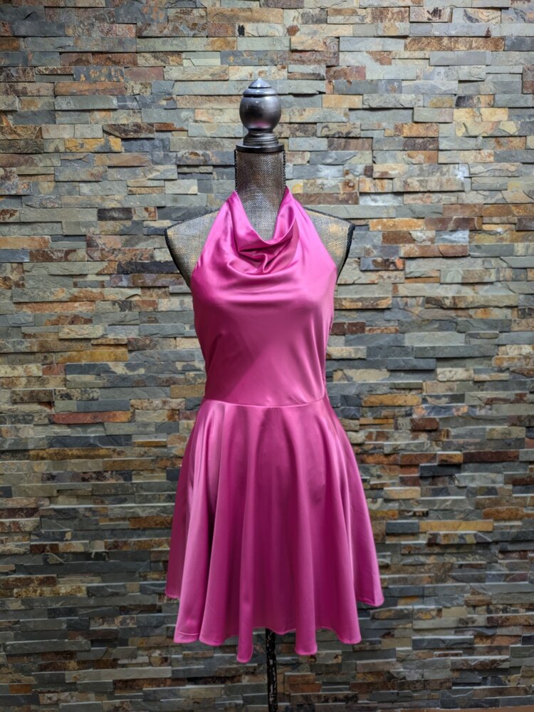 City Studio Pink Satin High Draped Neck Fit N' Flare Dress, Size M