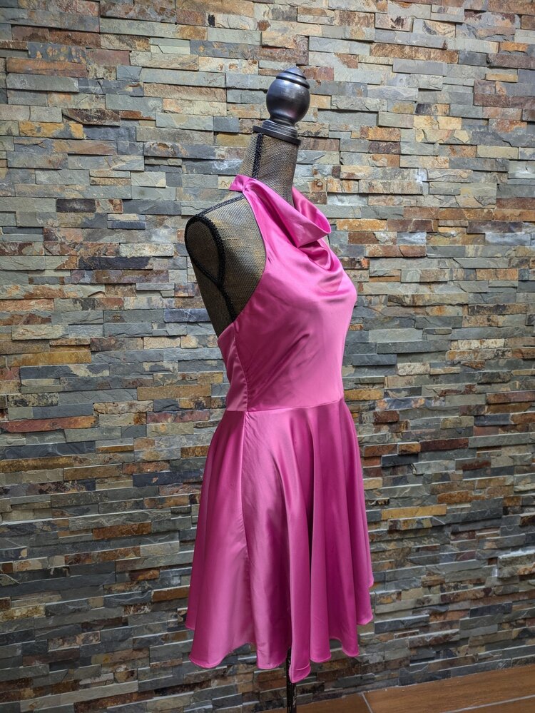 City Studio Pink Satin High Draped Neck Fit N' Flare Dress, Size M