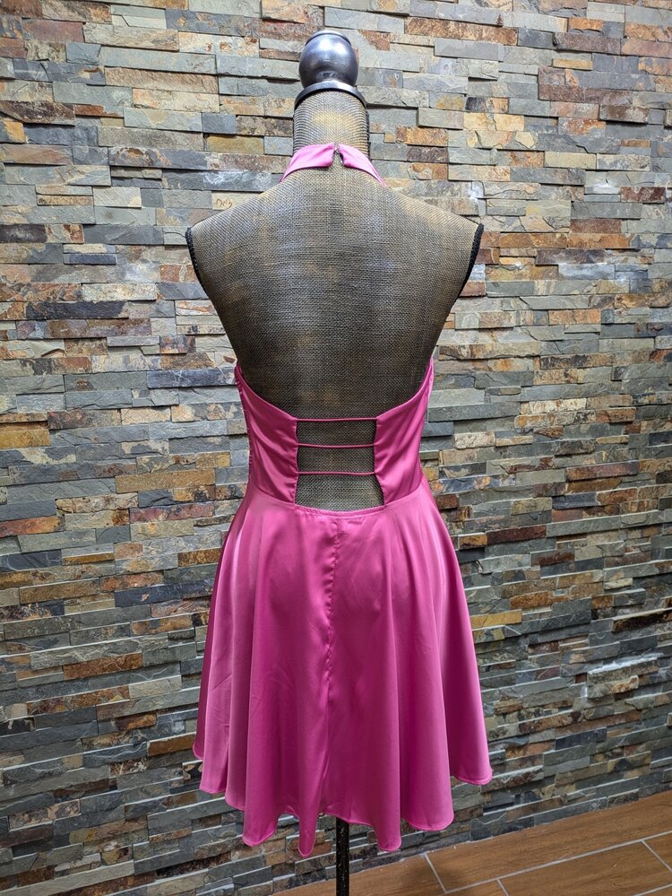 City Studio Pink Satin High Draped Neck Fit N' Flare Dress, Size M