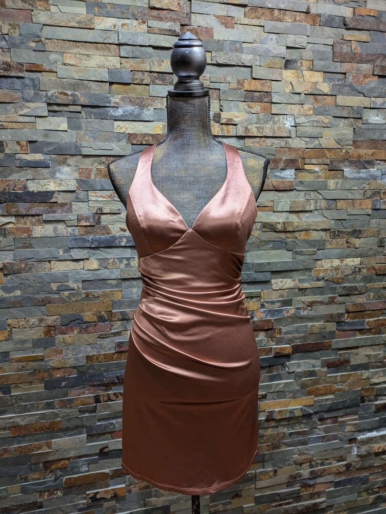 B Darlin Toast Satin Cross Back Bodycon Dress