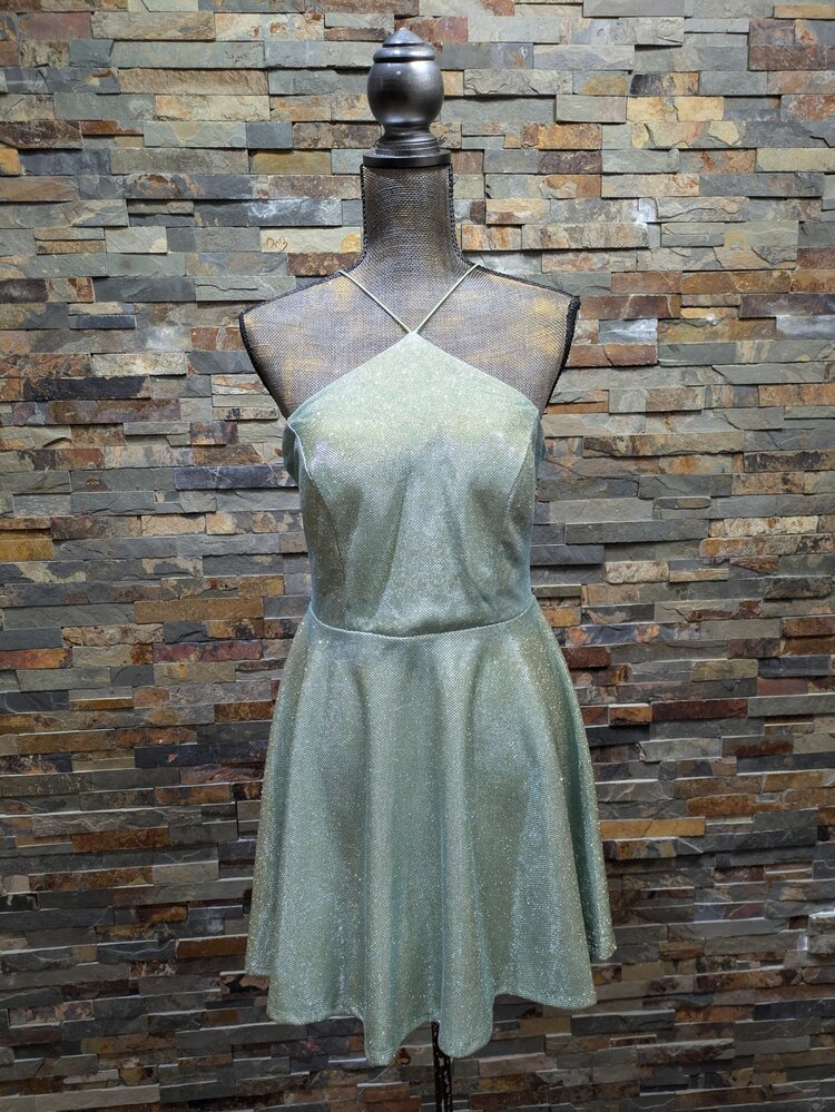 B Darlin Sage Green Sparkle Fit N' Flare Halter Dress, Size 13/14