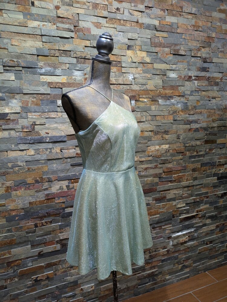 B Darlin Sage Green Sparkle Fit N' Flare Halter Dress, Size 13/14