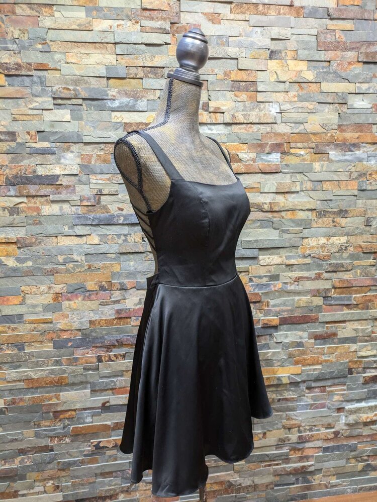 B Darlin Black Satin Fit N' Flare w/Strappy Back