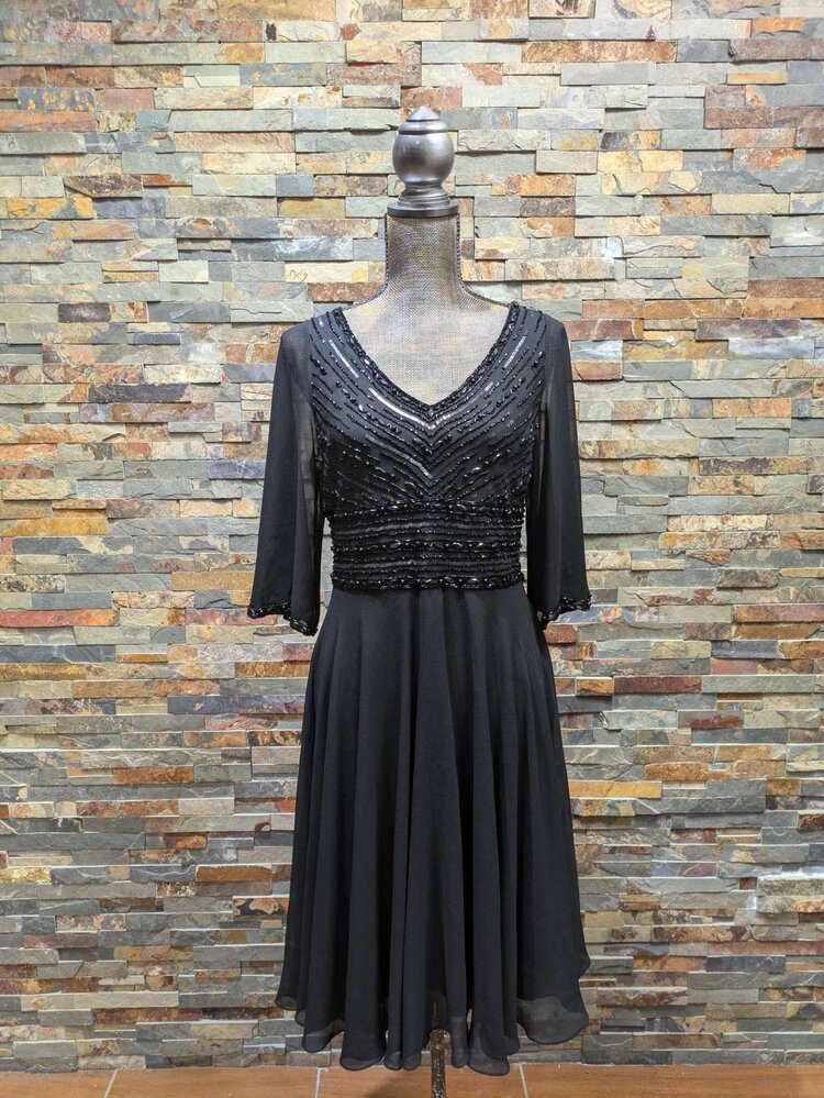 Jkara Black Beaded Midi Dress w/ Cape Sleeves, Size 6