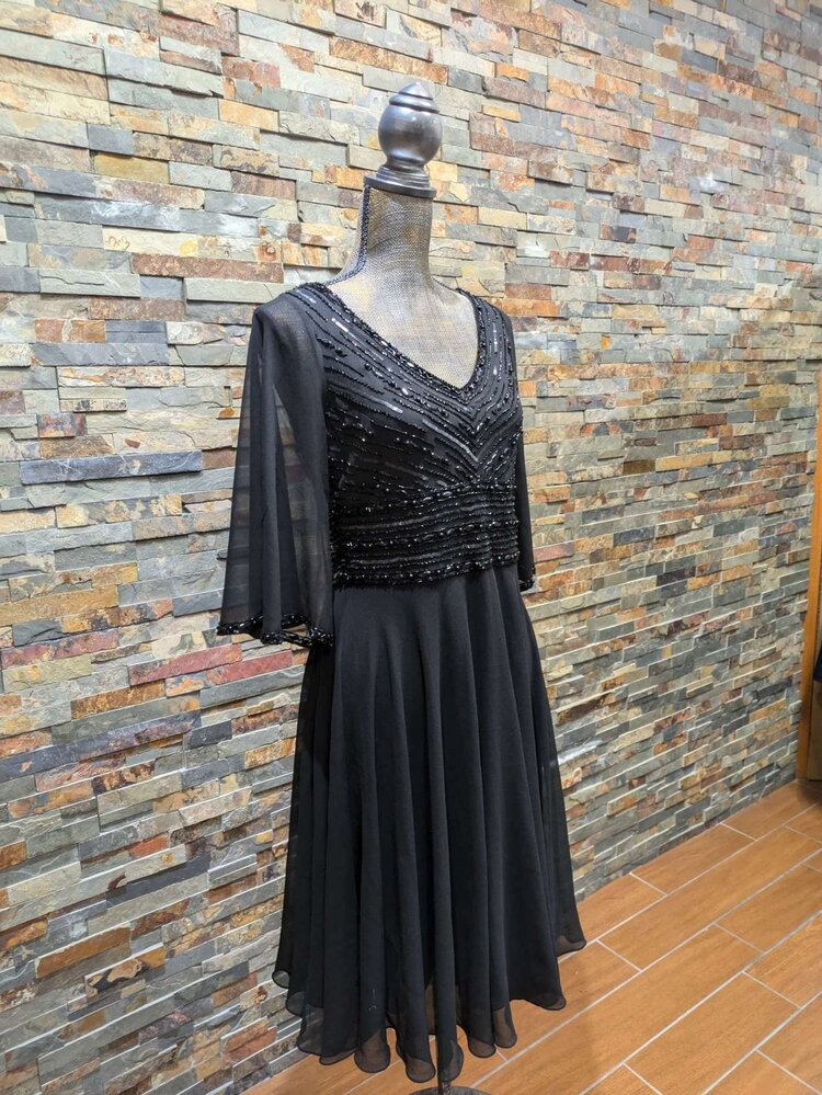 Jkara Black Beaded Midi Dress w/ Cape Sleeves, Size 6