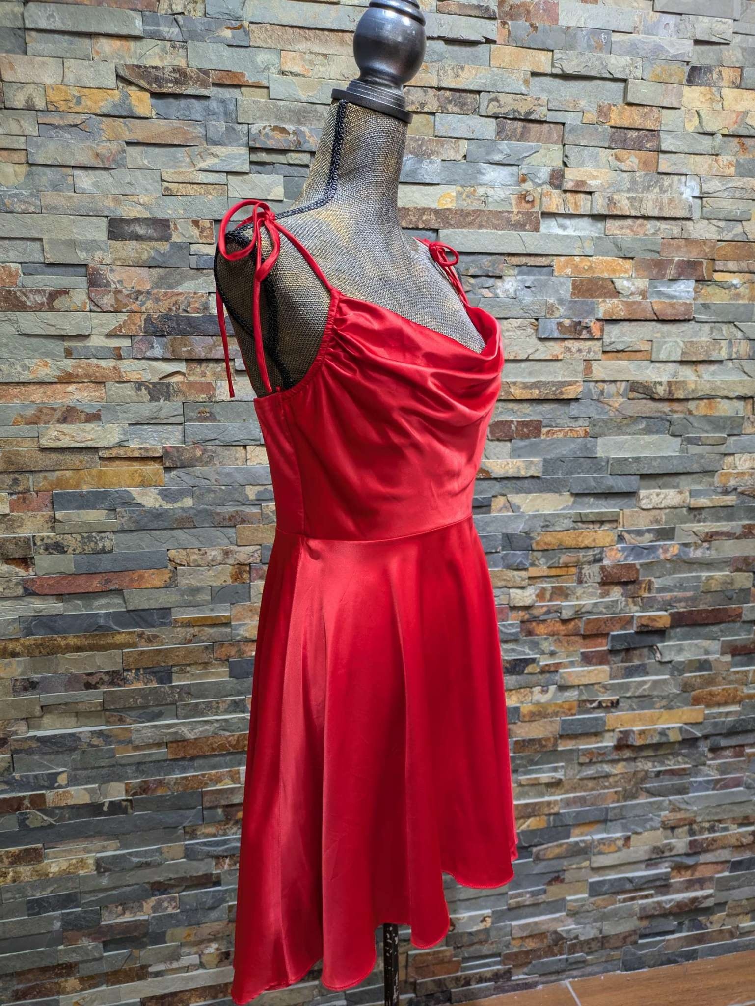 city studio red dress City Studio Red Satin Cowl Neck Fit N' Flare Dress, Size 9