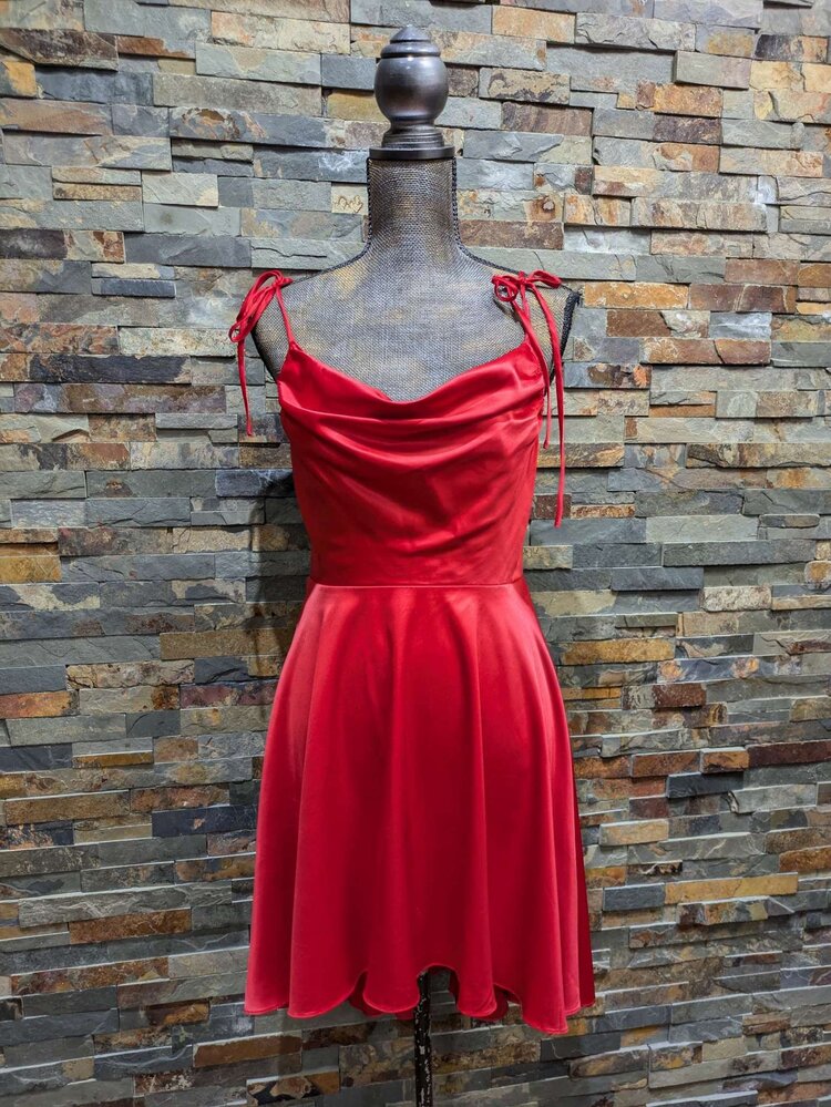 City Studio Red Satin Cowl Neck Fit N' Flare Dress, Size 9