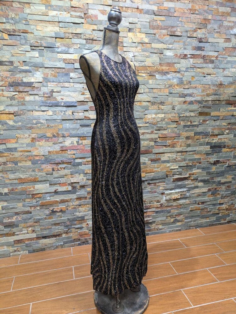 Caché Black, Gold and Silver Sparkly Dress w/ Open Back, Size L