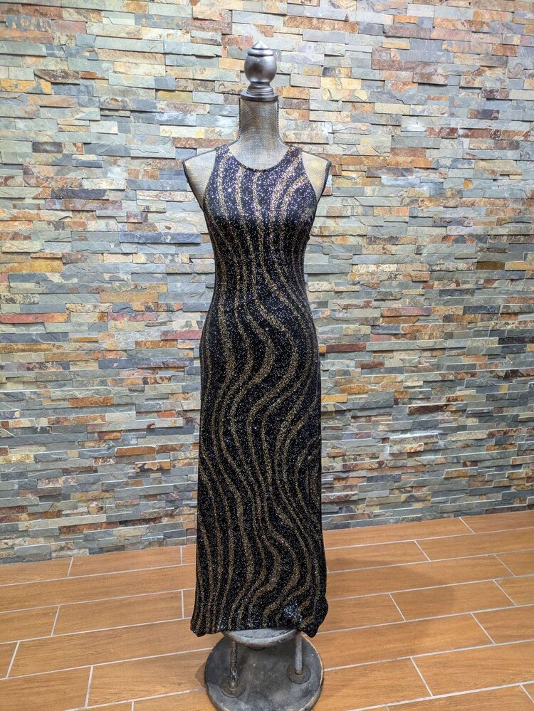 Caché Black, Gold and Silver Sparkly Dress w/ Open Back, Size L