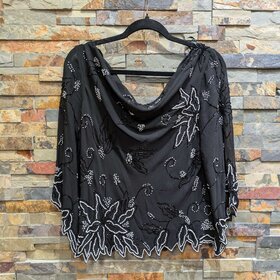 Jkara Black Sequin Top w/ Sheer Sleeves, Size XL