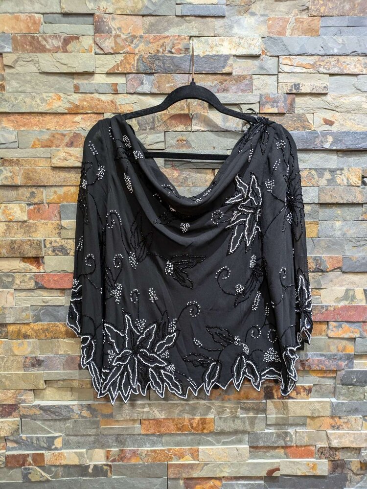 Jkara Black Sequin Top w/ Sheer Sleeves, Size XL