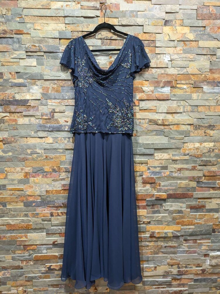 Jkara Navy + Beaded Faux 2-Piece Gown, Size 12