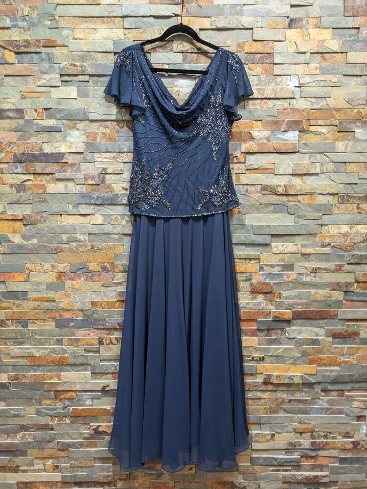 Jkara Navy + Beaded Faux 2-Piece Gown, Size 12