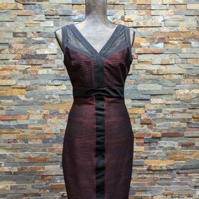 Caché Red And Black Ribbed Cocktail Dress, Size 4