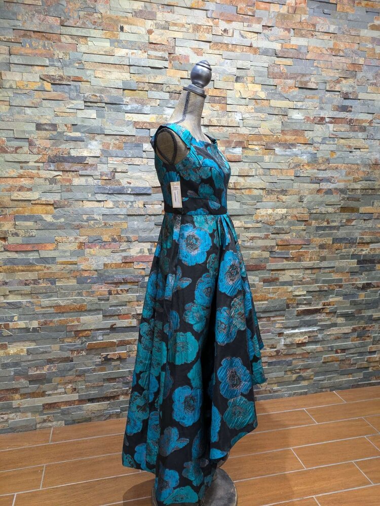 Adrianna Papell Black, Blue & Green High-Low Dress, Size 8