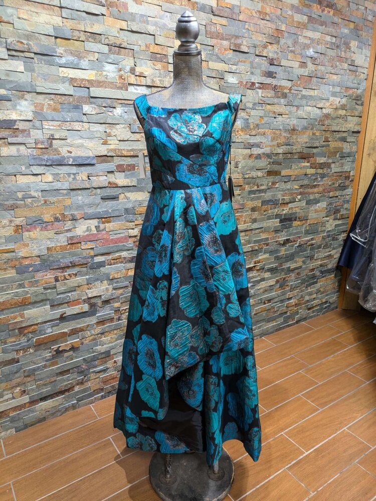 Adrianna Papell Black, Blue & Green High-Low Dress, Size 8