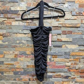 Crave Fame Black Ruched Bodycon Dress w/ Tie Neck, Size XS