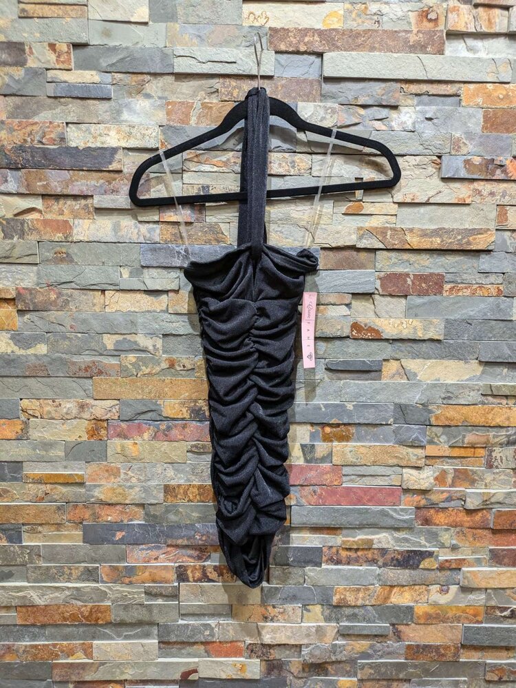 Crave Fame Black Ruched Bodycon Dress w/ Tie Neck, Size XS