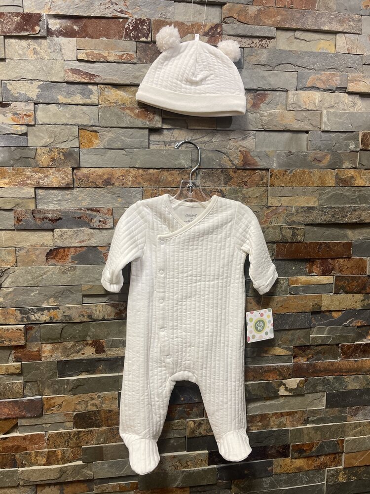 White Footie with Matching Pompon Cap
