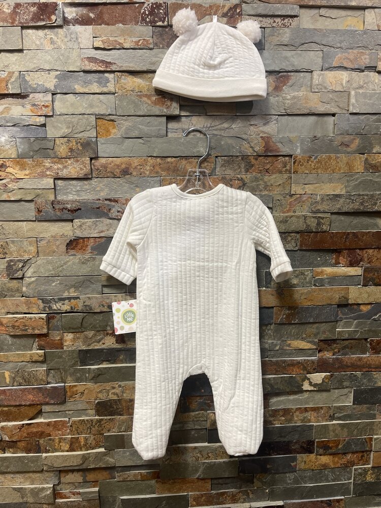 White Footie with Matching Pompon Cap