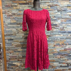 Adrianna Papell Red Lace Fit N' Flare Dress w/ Sleeves & Faux Boning, Size  8