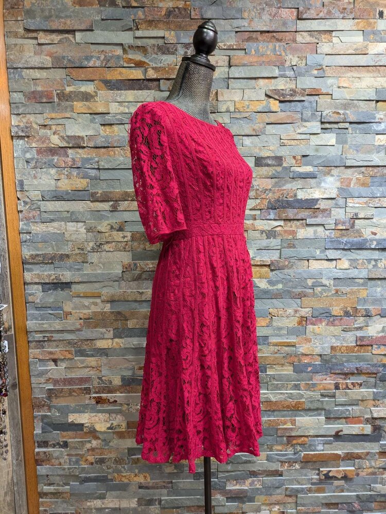 Adrianna Papell Red Lace Fit N' Flare Dress w/ Sleeves & Faux Boning, Size  8