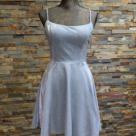 B Darlin Silver Shimmer Fit N' Flare Dress w/ Open Back, Size 13/14