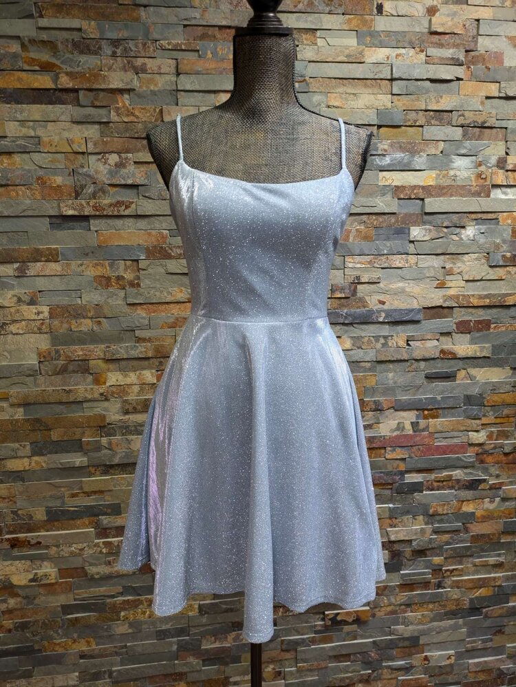 B Darlin Silver Shimmer Fit N' Flare Dress w/ Open Back, Size 13/14