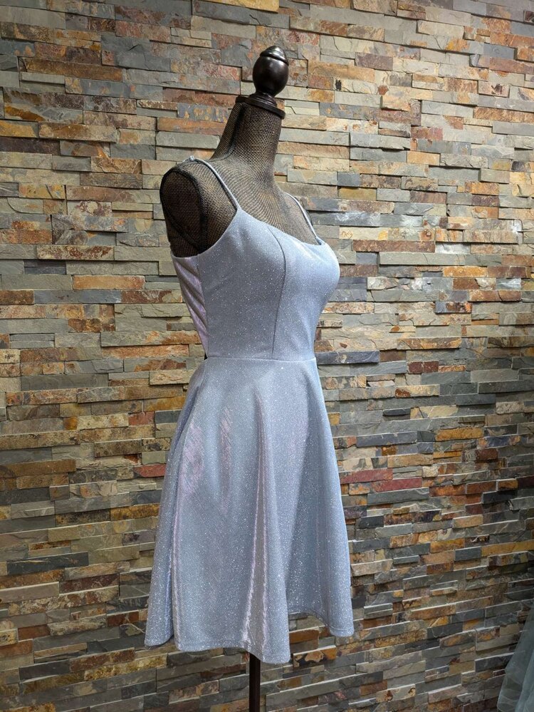 B Darlin Silver Shimmer Fit N' Flare Dress w/ Open Back, Size 13/14