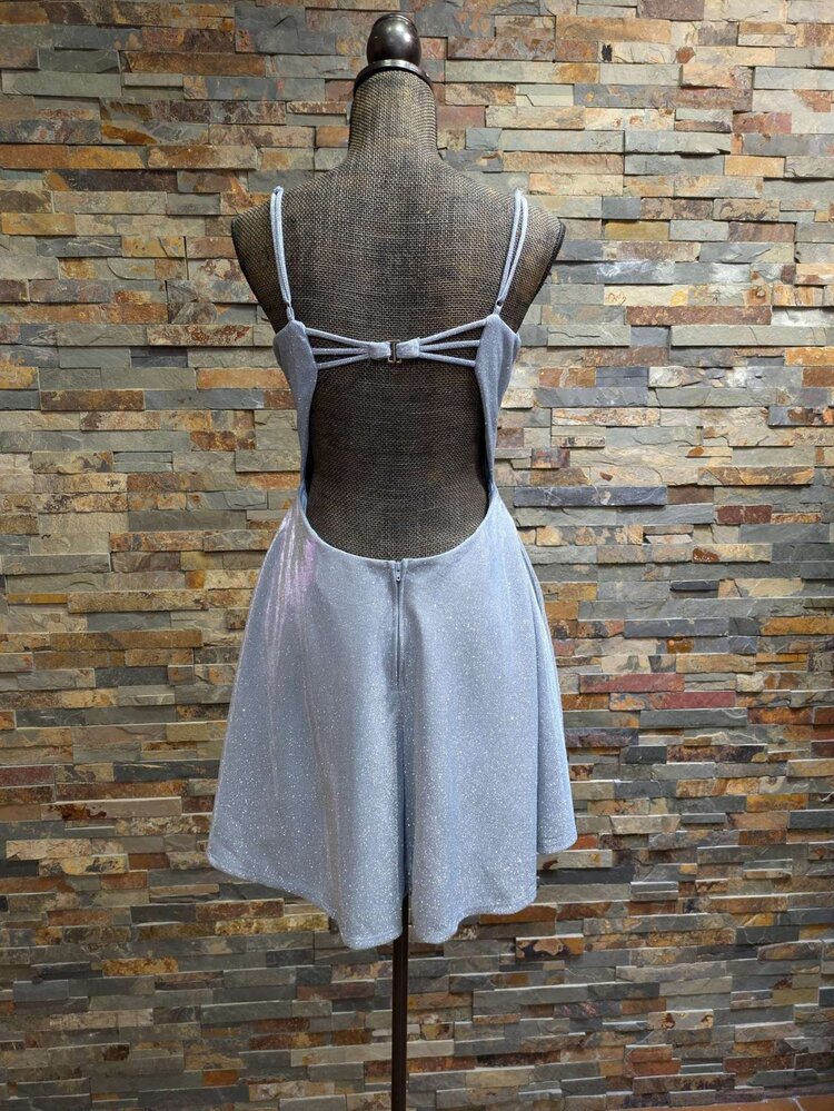 B Darlin Silver Shimmer Fit N' Flare Dress w/ Open Back, Size 13/14