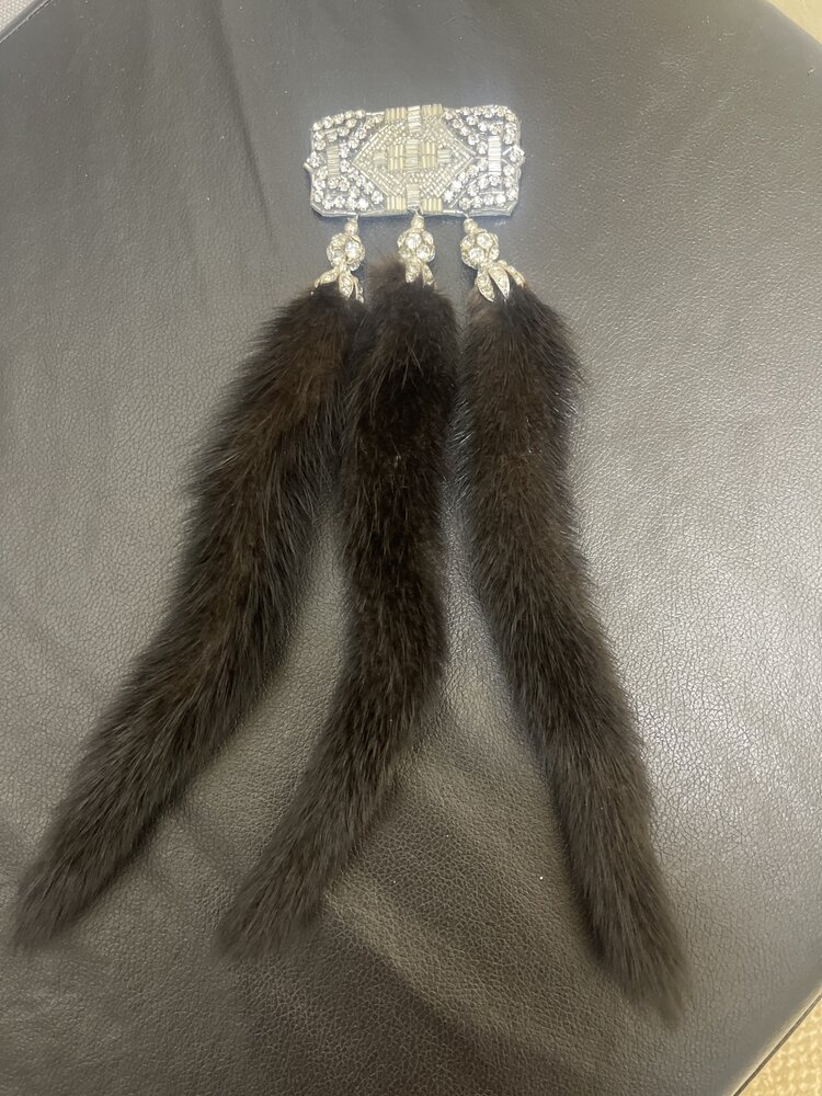 Silver Beaded Statement Broach with Mink Tails