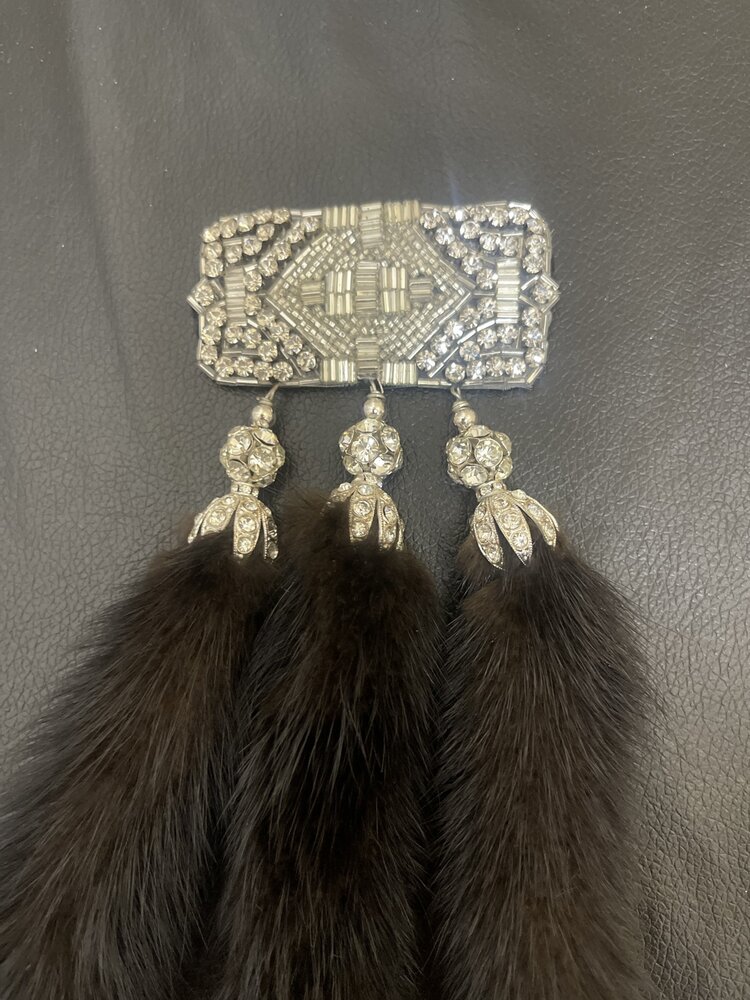 Silver Beaded Statement Broach with Mink Tails