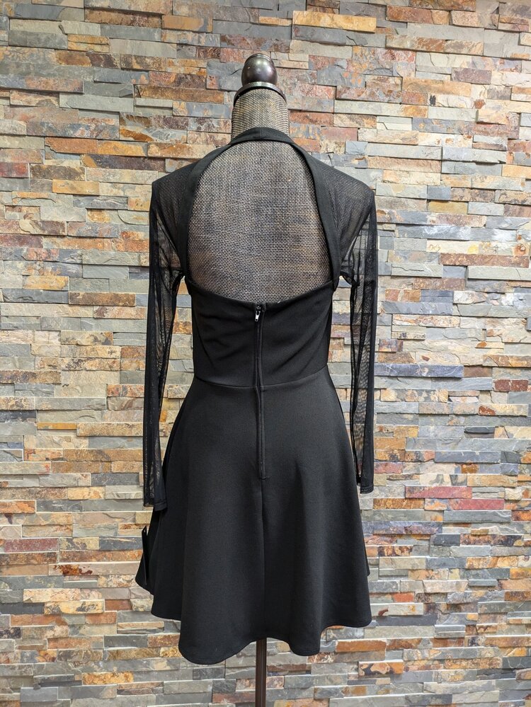 B Darlin Black Fit N' Flare Dress w/ Mesh Sleeves, 7/8