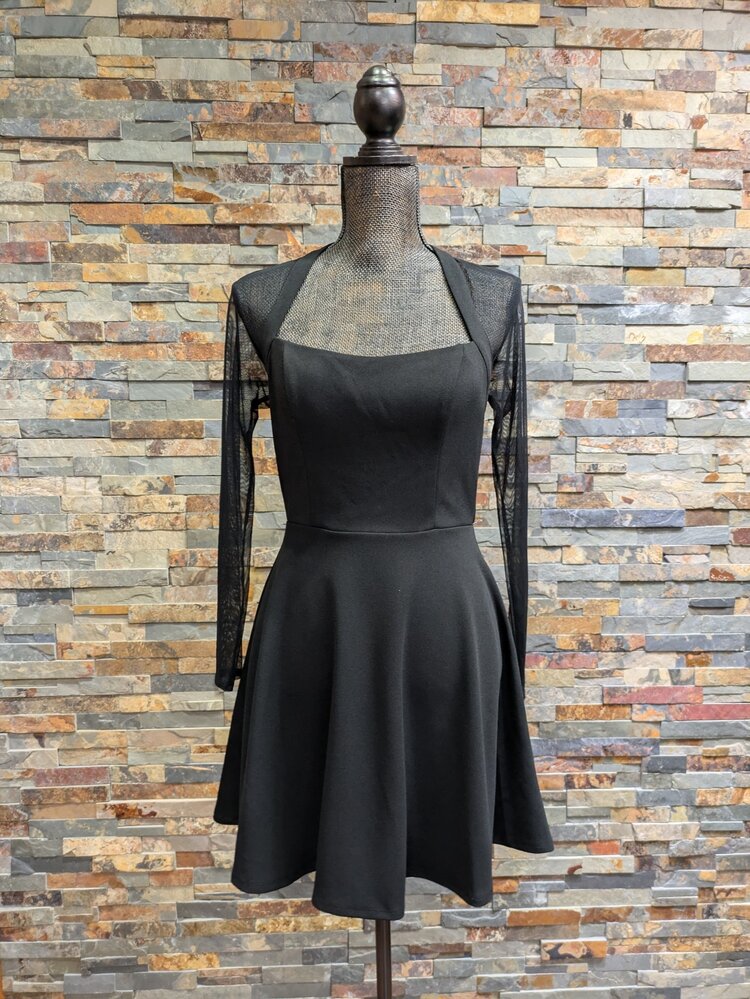 B Darlin Black Fit N' Flare Dress w/ Mesh Sleeves, 7/8